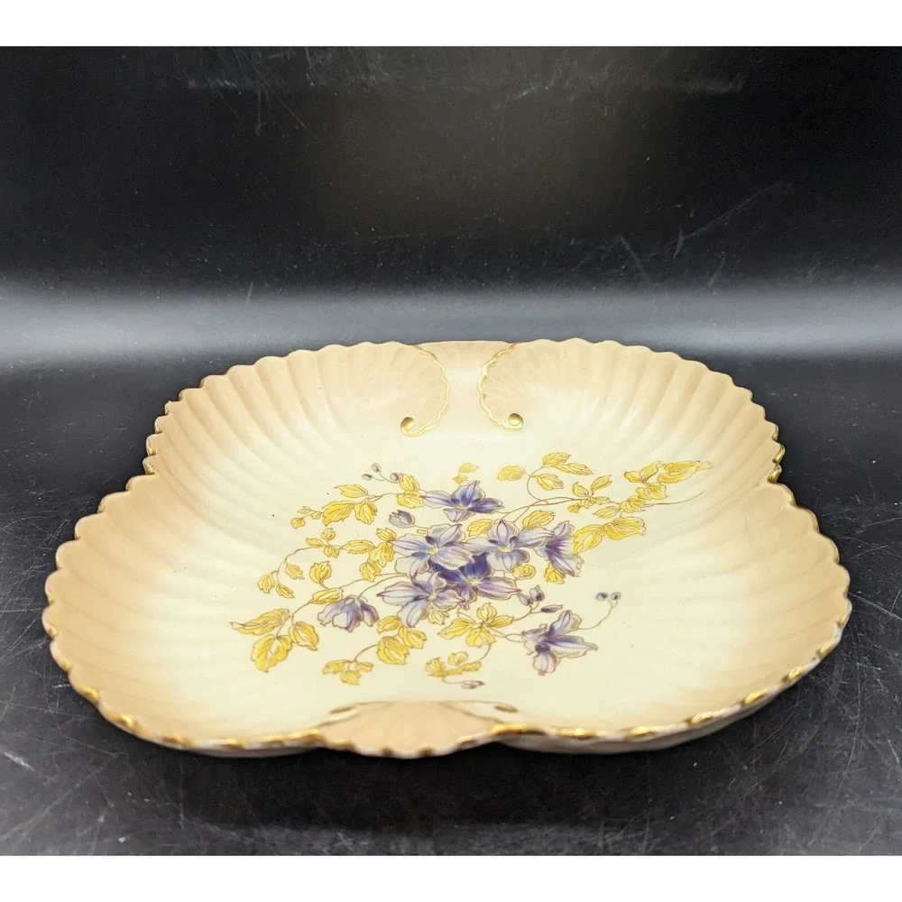Antique‎ Fluted Porcelain Square Nut Candy Dish Purple Flower Violet 9